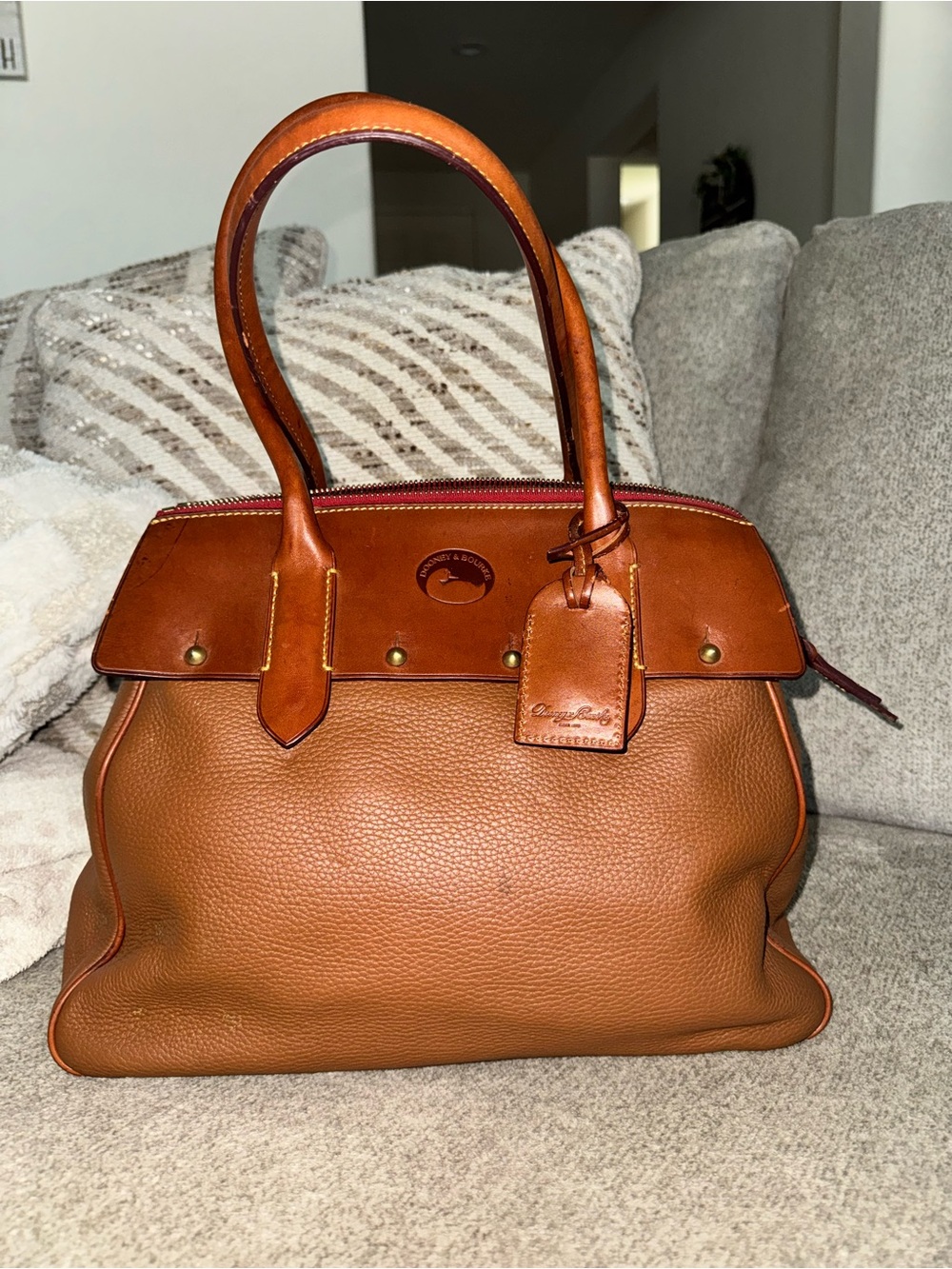 Dooney & Bourke Brown Pebble Leather Satchel with Cognac Trim